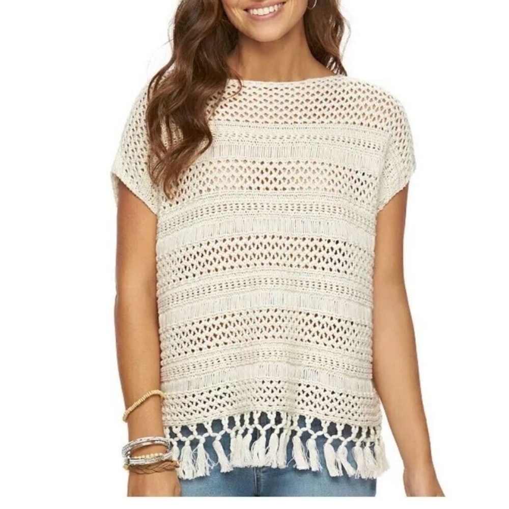 Chaps Cream Ivory sleeveless‎ Fringe Crochet Sweater S/M Boho Layers Cotton